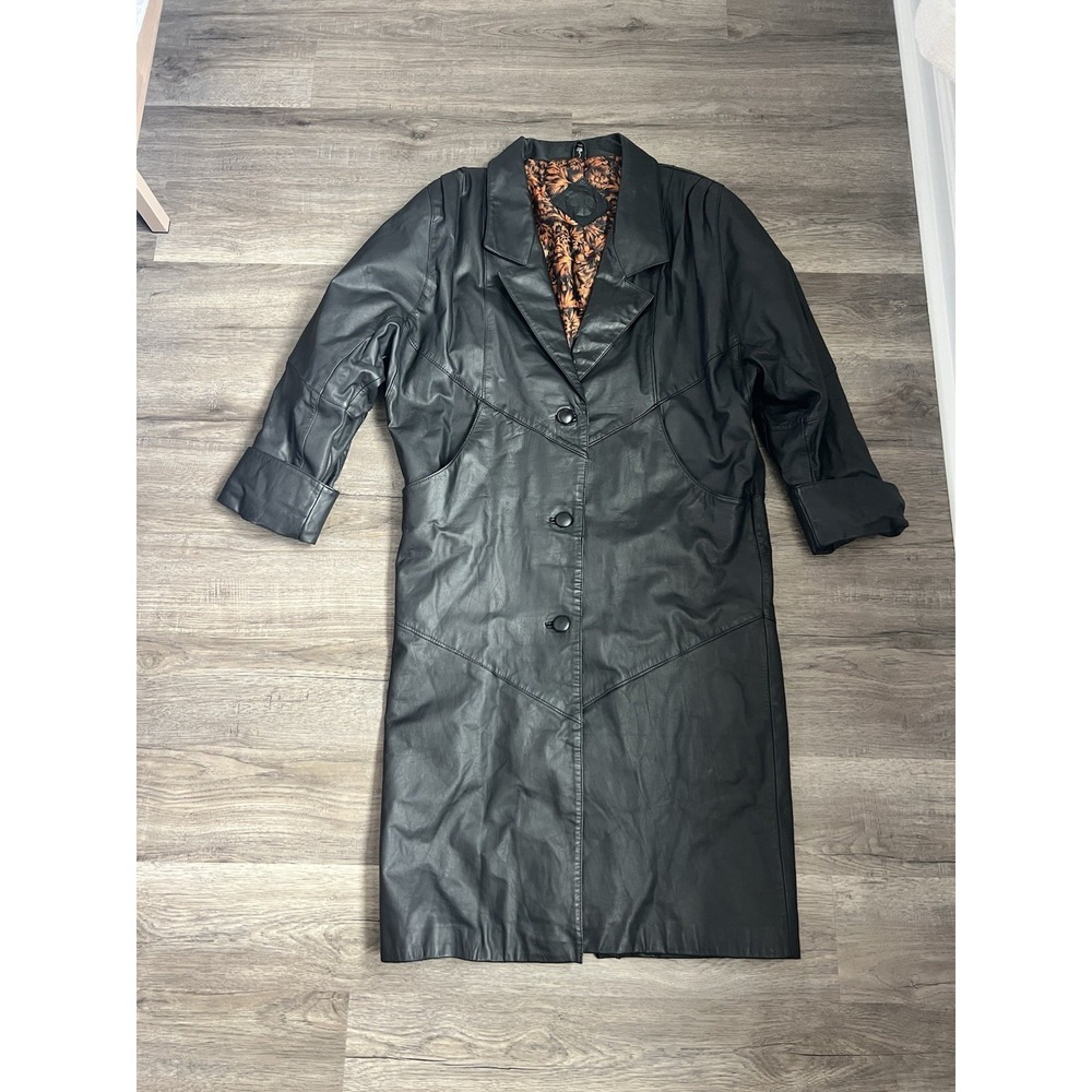 1980s Jacqueline Ferrar Black Leather Trench Coat with Patterned Lining